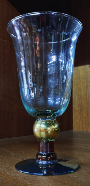 Vintage Blown Glass Wine Glasses Gold Ball Stem Aqua Glass 7"