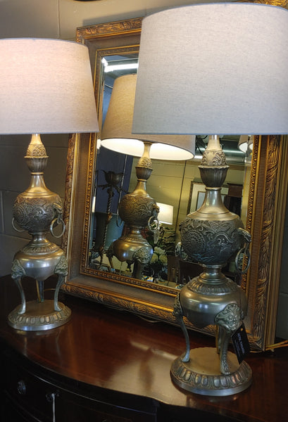 Vintage Brass Foo Dog Chinoiserie Brass Table Lamps - PAIR