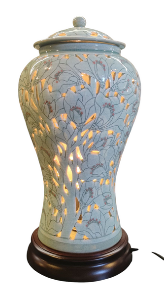 Vintage Pierced Celadon Ginger Jar Lamp