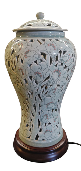 Vintage Pierced Celadon Ginger Jar Lamp