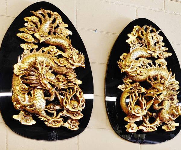 Chinese Dragons Feng Shui Large Wall Mounted Gold Sculpted