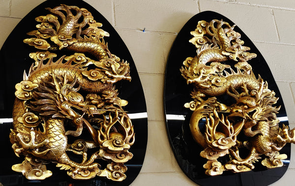 Chinese Dragons Feng Shui Large Wall Mounted Gold Sculpted