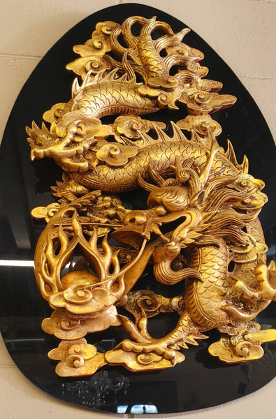 Chinese Dragons Feng Shui Large Wall Mounted Gold Sculpted