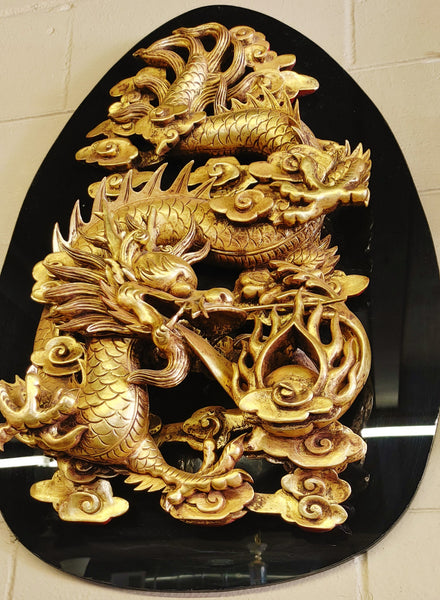 Chinese Dragons Feng Shui Large Wall Mounted Gold Sculpted