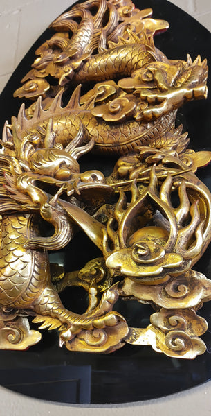 Chinese Dragons Feng Shui Large Wall Mounted Gold Sculpted