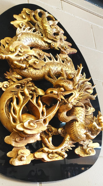Chinese Dragons Feng Shui Large Wall Mounted Gold Sculpted