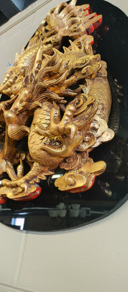 Chinese Dragons Feng Shui Large Wall Mounted Gold Sculpted