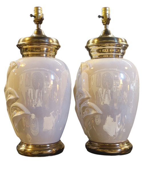 PAIR Vintage Calla Lily Brass Ceramic Lusterware Iridescent Table Lamps