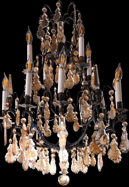 Vintage French Style Bronze and Crystal 12 Light Chandelier