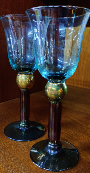 Vintage Blown Glass Wine Glasses Gold Ball Stem Aqua Glass 9"