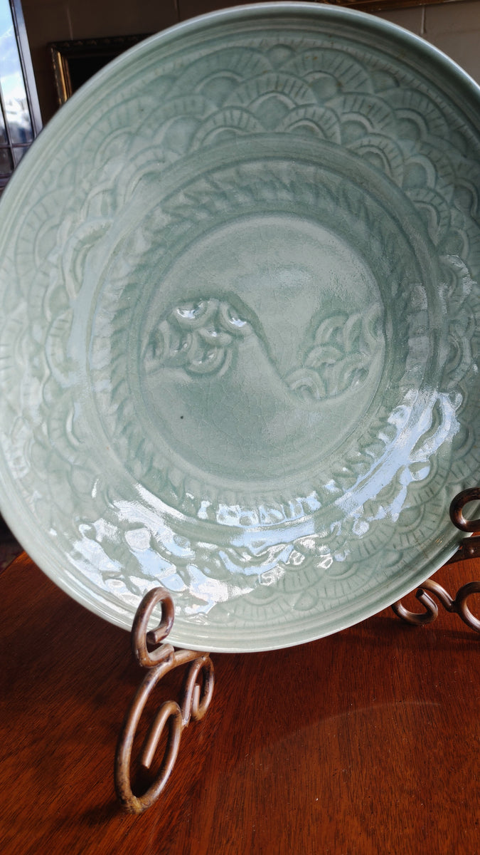 Chinese Art Pottery Ash Glazed Bowl 6.6” Drip Pale Green & Tan. Artist Signed on sale 金