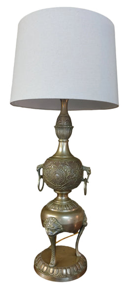 Vintage Brass Foo Dog Chinoiserie Brass Table Lamps - PAIR