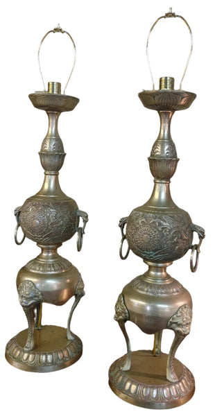 Vintage Brass Foo Dog Chinoiserie Brass Table Lamps - PAIR