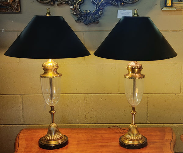 Mid Century Chapman Classical Style Brass Glass Table Lamps - A Pair
