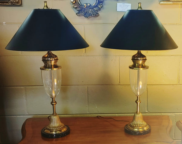 Mid Century Chapman Classical Style Brass Glass Table Lamps - A Pair