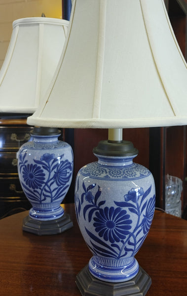 Pair Blue and White Floral Ceramic Table Lamps