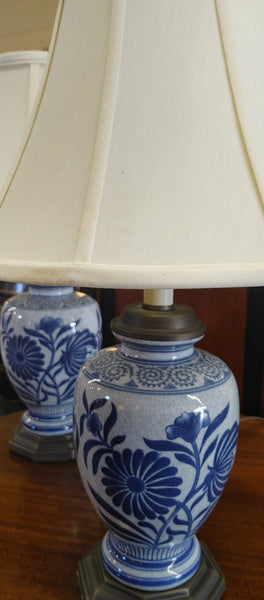 Pair Blue and White Floral Ceramic Table Lamps