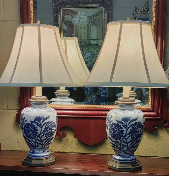 Pair Blue and White Floral Ceramic Table Lamps