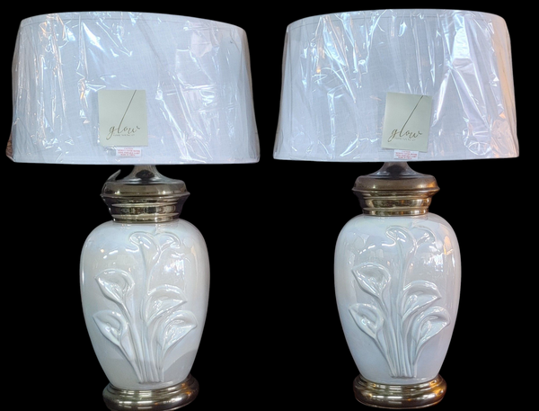 PAIR Vintage Calla Lily Brass Ceramic Lusterware Iridescent Table Lamps