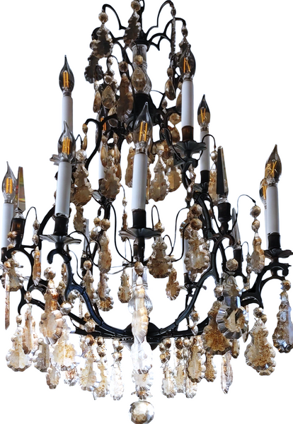 Vintage French Style Bronze and Crystal 12 Light Chandelier