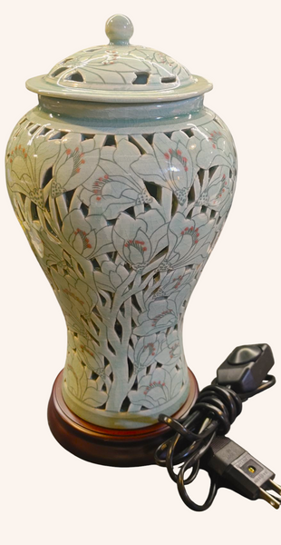 Vintage Pierced Celadon Ginger Jar Lamp