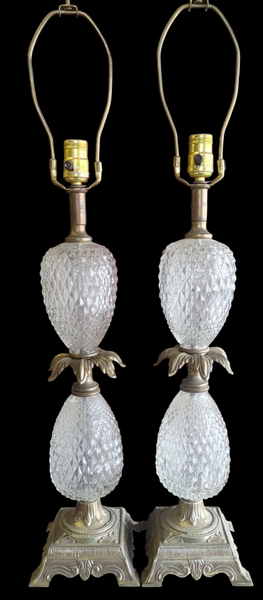 PAIR Tall MCM Hollywood Regency Cut Crystal Glass Bronze Pineapple Lamps