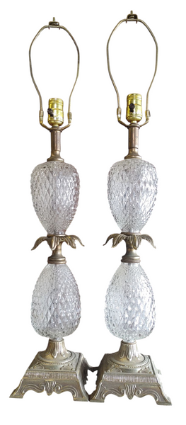 PAIR Tall MCM Hollywood Regency Cut Crystal Glass Bronze Pineapple Lamps