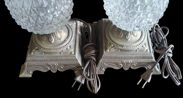 PAIR Tall MCM Hollywood Regency Cut Crystal Glass Bronze Pineapple Lamps