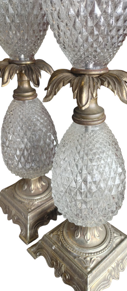 PAIR Tall MCM Hollywood Regency Cut Crystal Glass Bronze Pineapple Lamps