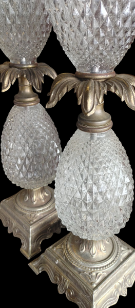 PAIR Tall MCM Hollywood Regency Cut Crystal Glass Bronze Pineapple Lamps