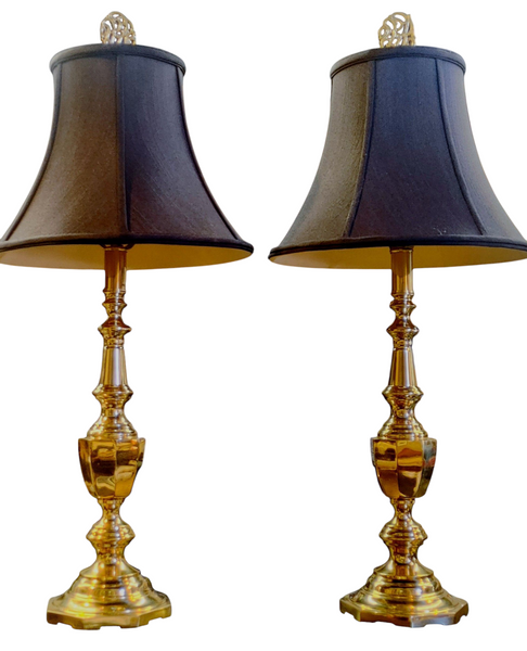 PAIR Vintage Brass Petite Buffet Lamps Black Lamp Shade