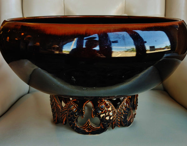 Original American Pottery Asian Inspired Koi Pedestal Centerpiece Bowl
