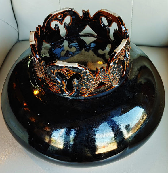 Original American Pottery Asian Inspired Koi Pedestal Centerpiece Bowl