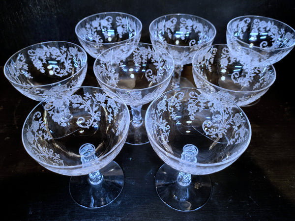 Vintage Fostoria Buttercup Etched Crystal Champagne Low Sherbet Set of 8