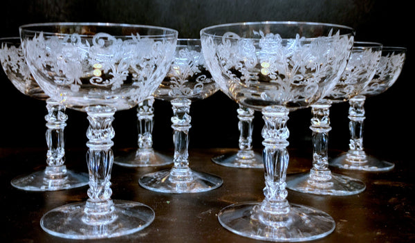 Vintage Fostoria Buttercup Etched Crystal Champagne Low Sherbet Set of 8