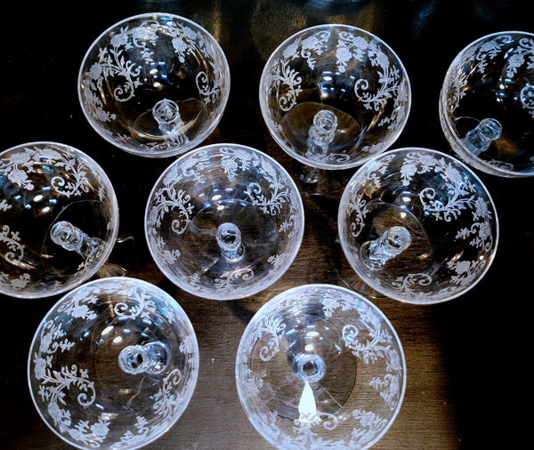 Vintage Fostoria Buttercup Etched Crystal Champagne Low Sherbet Set of 8