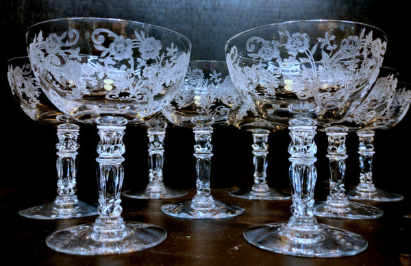 Vintage Fostoria Buttercup Etched Crystal Champagne Low Sherbet Set of 8
