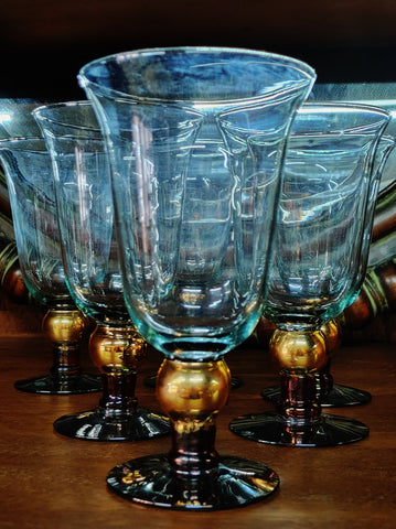 Vintage Blown Glass Wine Glasses Gold Ball Stem Aqua Glass 7"
