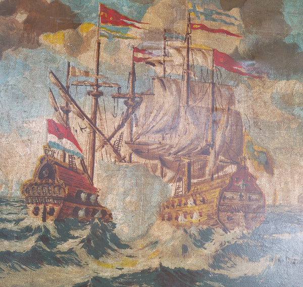 Large Classic Naval Battle Scene Mid-Century Revival Wood Frame
