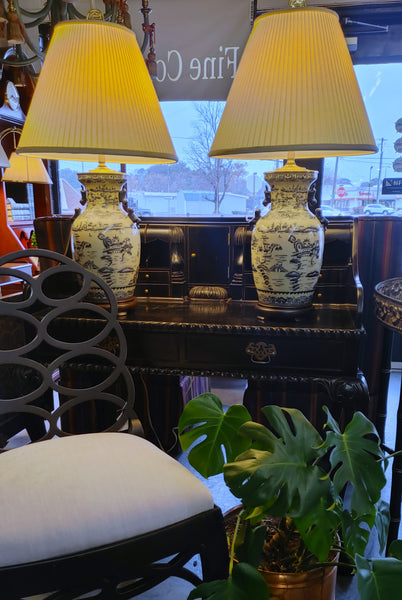 PAIR Blue and White Chinoiserie Porcelain Vase Table Lamps