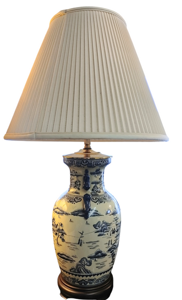 PAIR Blue and White Chinoiserie Porcelain Vase Table Lamps
