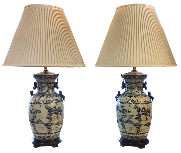 PAIR Blue and White Chinoiserie Porcelain Vase Table Lamps