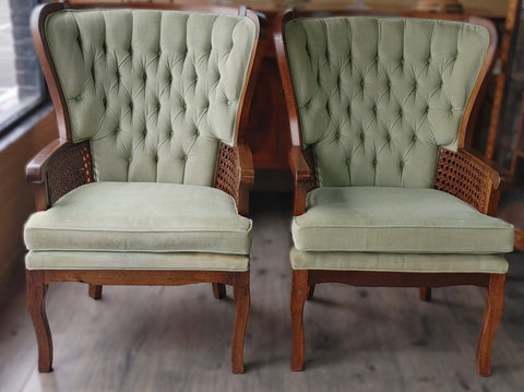 Vintage 1960s Cane Wood Tufted Wing Back Chairs - A Pair