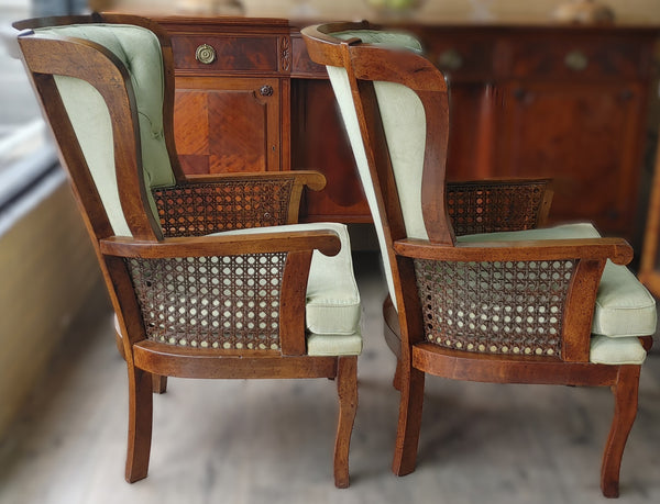 Vintage 1960s Cane Wood Tufted Wing Back Chairs - A Pair