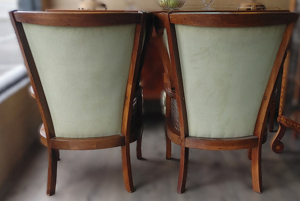 Vintage 1960s Cane Wood Tufted Wing Back Chairs - A Pair