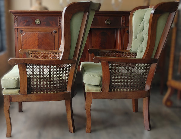 Vintage 1960s Cane Wood Tufted Wing Back Chairs - A Pair