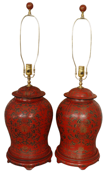 PAIR Chinese Red Lacquer Cinnabar Ginger Jar Table Lamps
