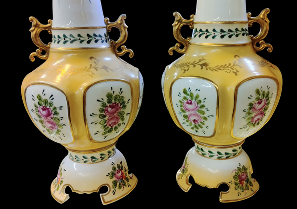 Vintage Dresden Long Neck Hand Painted Floral Porcelain Handled Vase