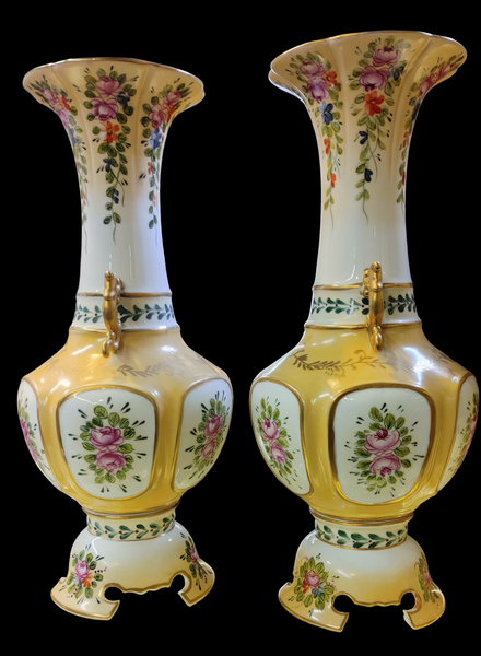 Vintage Dresden Long Neck Hand Painted Floral Porcelain Handled Vase