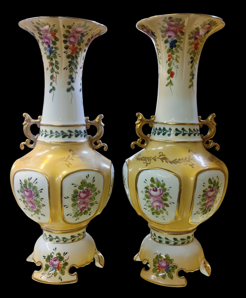 Vintage Dresden Long Neck Hand Painted Floral Porcelain Handled Vase